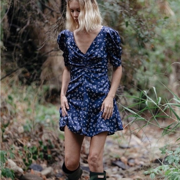 Ciao Lucia Dresses & Skirts - Ciao Lucia Tatiana Silk Mini Dress L Navy Floral Ruched Puff Sleeve Made in LA
